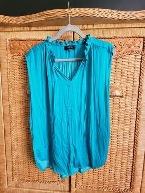 RACHEL Rachel Roy Teal Sleeveless V-Neck Ruffle Trim Blouse